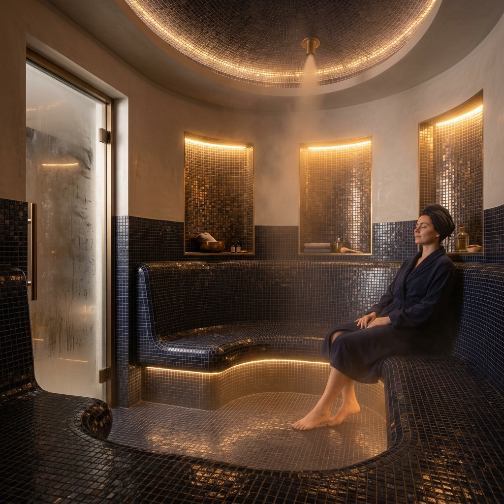 Luxury Mosaic Finished Steam Room designed and installed by CalidraBuild Global